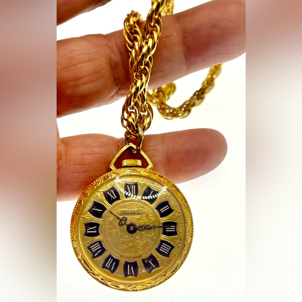 Vintage Lucerne Swiss Made Pendant Watch Necklace Roman Numeral GoldTone Working - Picture 1 of 8
